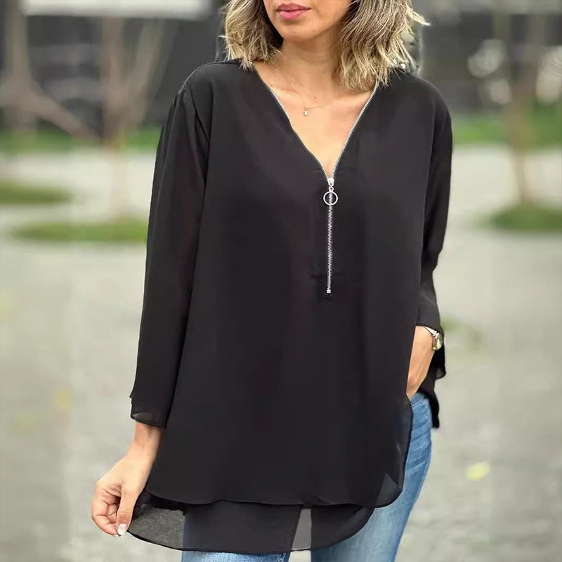 Isabella - V-Neck Flowy Zipped Top