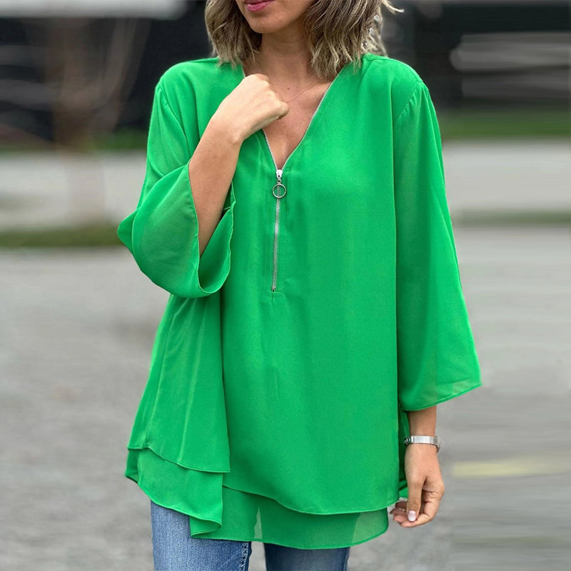 Isabella - V-Neck Flowy Zipped Top