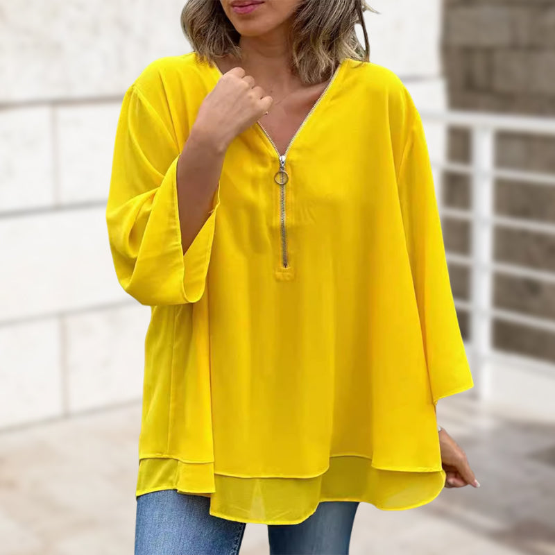 Isabella - V-Neck Flowy Zipped Top