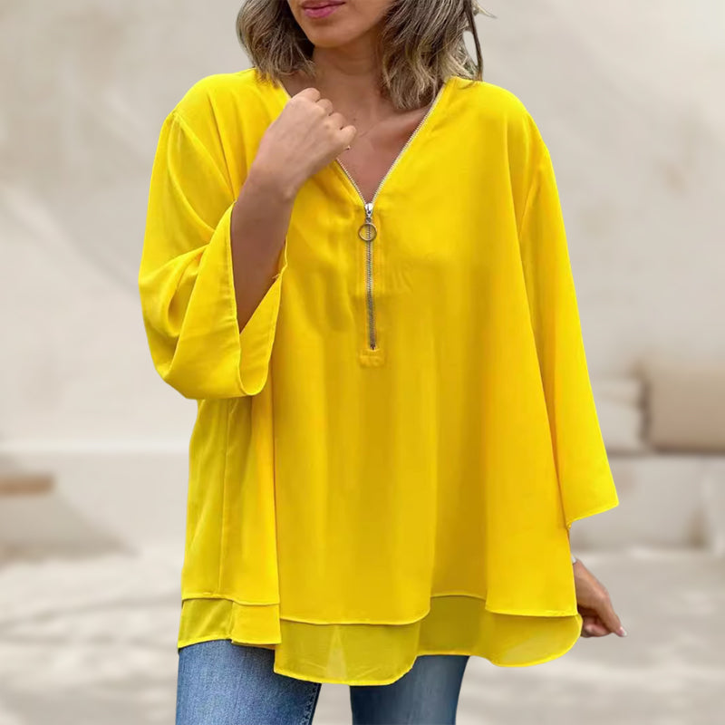 Isabella - V-Neck Flowy Zipped Top