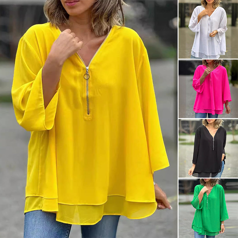 Isabella - V-Neck Flowy Zipped Top