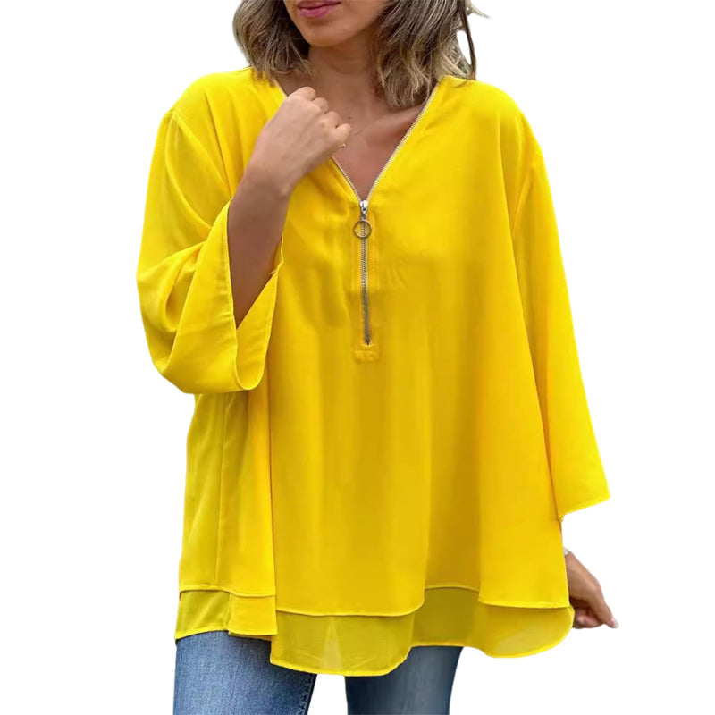 Isabella - V-Neck Flowy Zipped Top