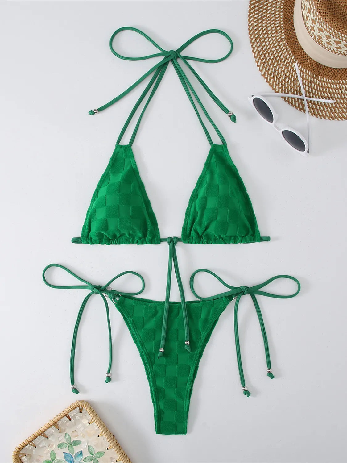 BEAUCLO | Green Microprint Bikini with Bow