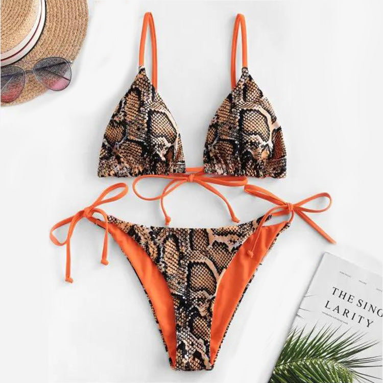 BEAUCLO | Orange Snack Print V-Neck Bikini