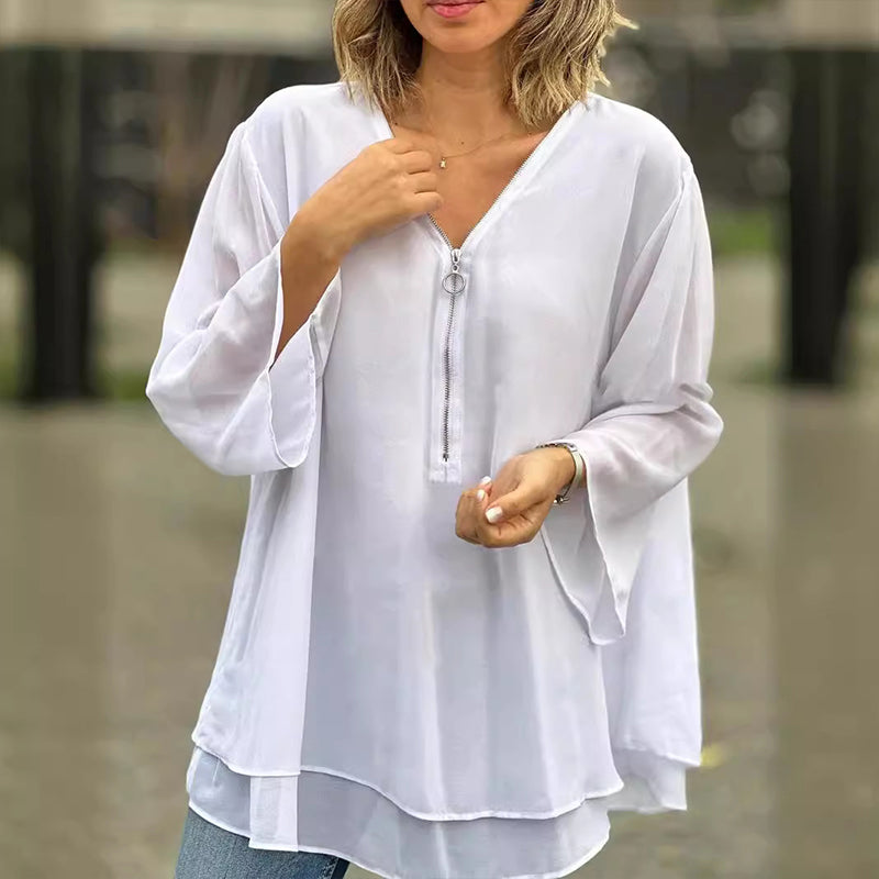 Isabella - V-Neck Flowy Zipped Top