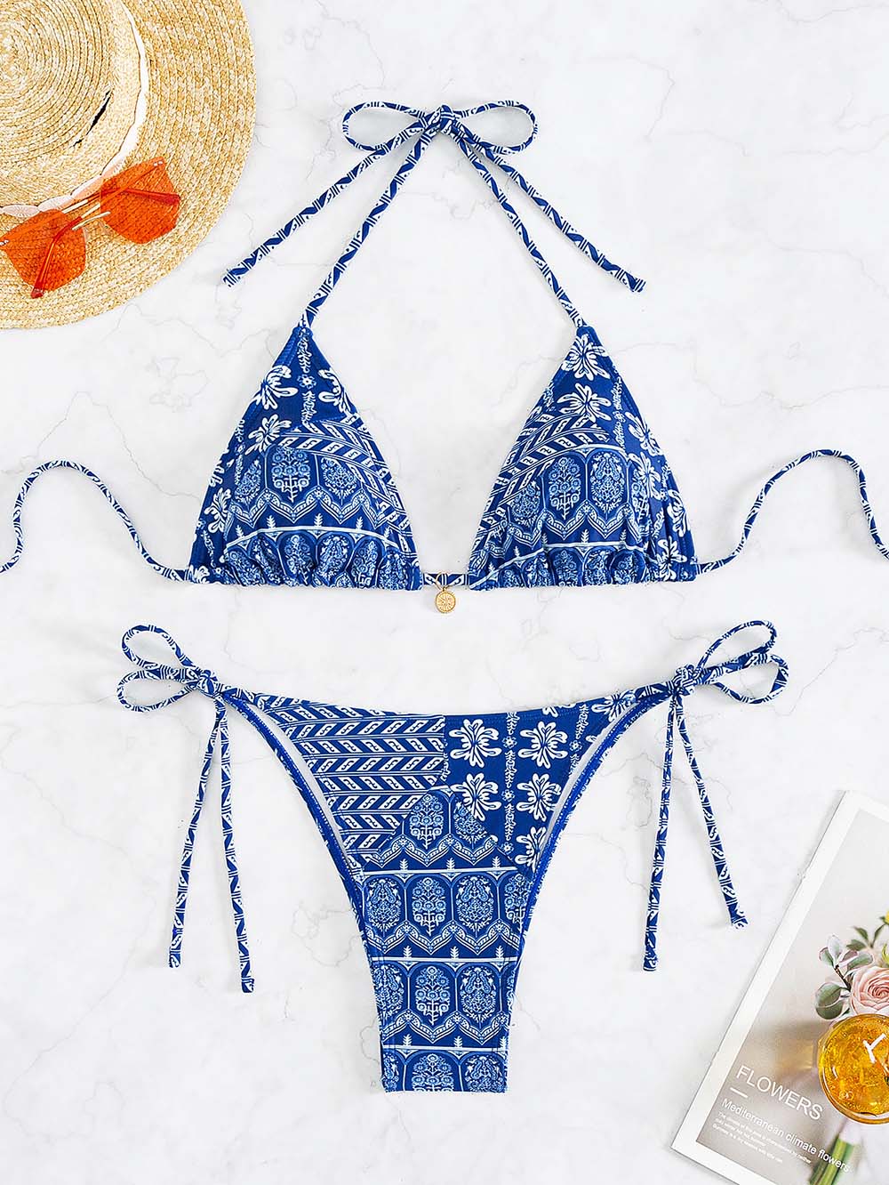 BEAUCLO | Blue Printed V-Neck Breathable Bikini